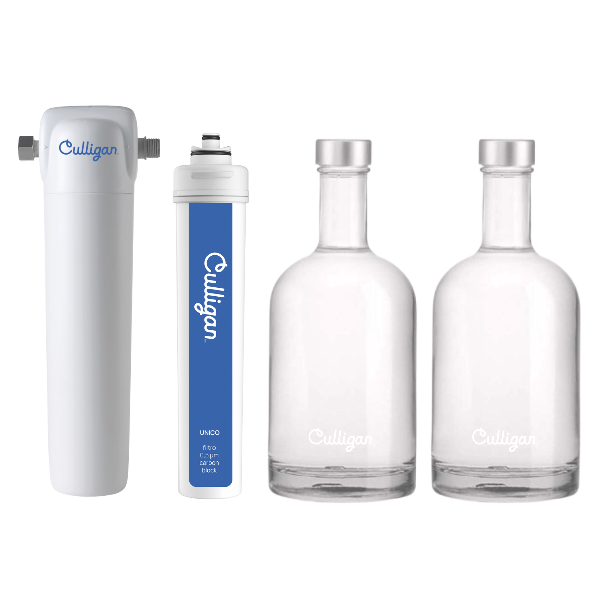 Unico con filtro di ricambio + 2 Bottiglie vetro 500 ml incluse